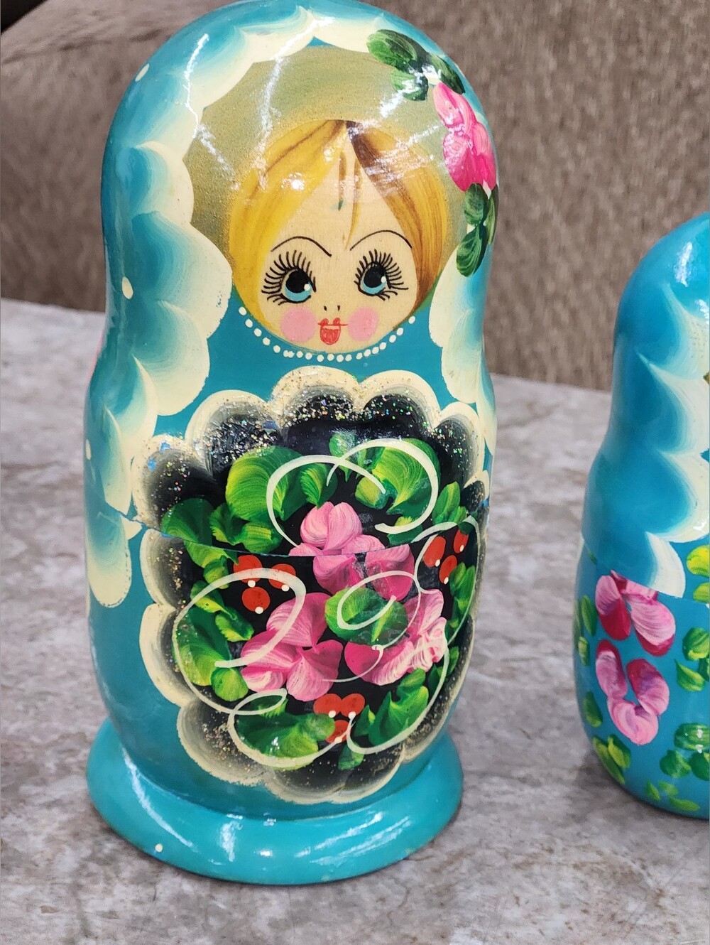 Hand-Painted Wood Blue  Russian Matryoshka Nesting Dolls Decorative 3ps Multicol